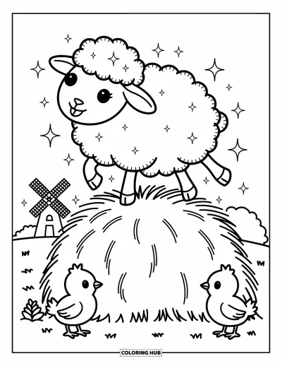 Coloriage d'animaux de la ferme pour adultes : Un mouton heureux saute sur une meule de foin tandis que deux poussins regardent et qu'un moulin à vent tourne derrière