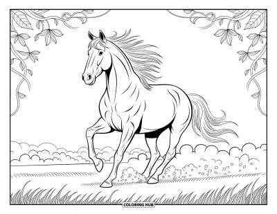 Coloriage d'animaux de la ferme pour adultes : Un cheval court à travers un champ avec des muscles détaillés, une crinière volante et des motifs élégants
