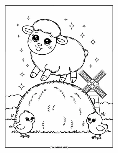 Coloriage d'animaux de la ferme pour adultes : Un mouton joyeux rebondit sur une meule de foin avec deux poussins à proximité et un moulin à vent en arrière-plan