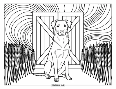 Coloriage d'animaux de la ferme pour adultes : Un chien fidèle est assis près d'une grange, encadré par des motifs tourbillonnants et des rangées de blé