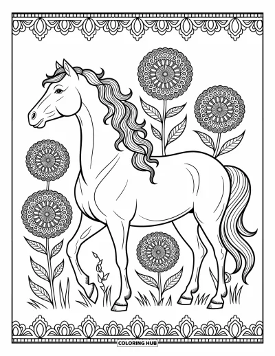 Coloriage d'animaux de la ferme pour adultes : Un cheval à motifs se tient fièrement dans des fleurs sauvages avec des pétales tourbillonnants et des vignes bouclées
