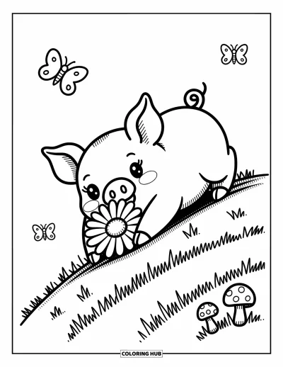 Coloriage d'animaux de la ferme pour adultes : Un porcelet roule sur de l'herbe douce en tenant une marguerite, entouré de champignons et de papillons