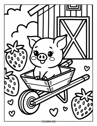 Coloriage d'animaux de la ferme pour adultes : Un porcelet est assis dans une brouette entourée de grosses fraises et de petites décorations en forme de cœur