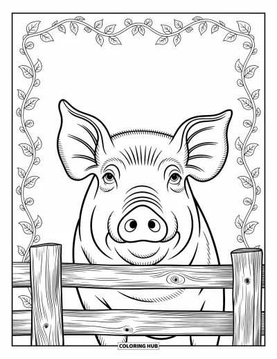 Coloriage d'animaux de la ferme pour adultes : Le visage d'un cochon avec des rides détaillées est encadré par des vignes, des fleurs et des lignes de clôture en bois