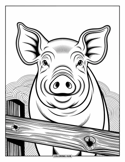 Coloriage d'animaux de la ferme pour adultes : Le visage d'un cochon avec de fines rides est encadré par des motifs tourbillonnants et une clôture en bois