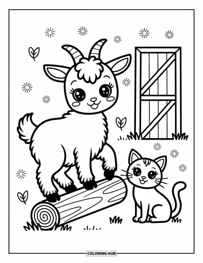 Coloriage d'animaux de la ferme pour adultes : Une chèvre joueuse est en équilibre sur une bûche avec des feuilles flottantes et un chat de ferme à côté