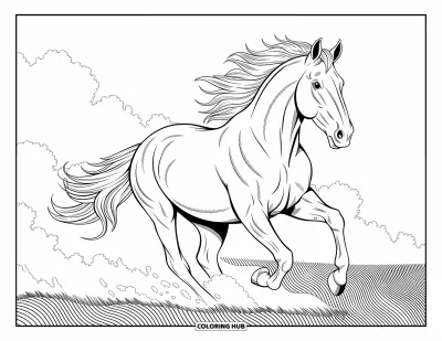 Coloriage d'animaux de la ferme pour adultes : Un cheval puissant galope à travers un champ avec une crinière flottante et des nuages de poussière tourbillonnants