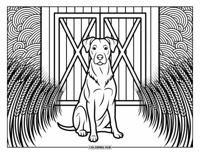 Coloriage d'animaux de la ferme pour adultes : Un fier chien de ferme est assis devant une porte de grange avec des motifs tourbillonnants et du blé