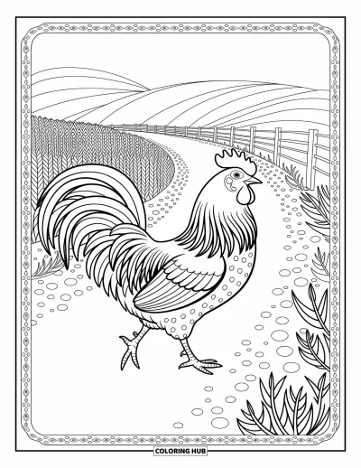 Coloriage d'animaux de la ferme pour adultes : Un coq en pleine foulée sur un chemin de ferme avec des plumes complexes et des cailloux éparpillés