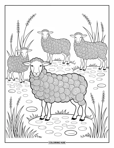 Coloriage d'animaux de la ferme pour adultes : Un coq se pavane le long d'un chemin de ferme avec des détails de plumes et des bordures décoratives