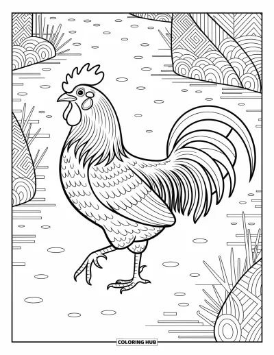Coloriage d'animaux de la ferme pour adultes : Un coq marche sur un chemin de ferme avec des plumes détaillées, des cailloux et des brindilles autour