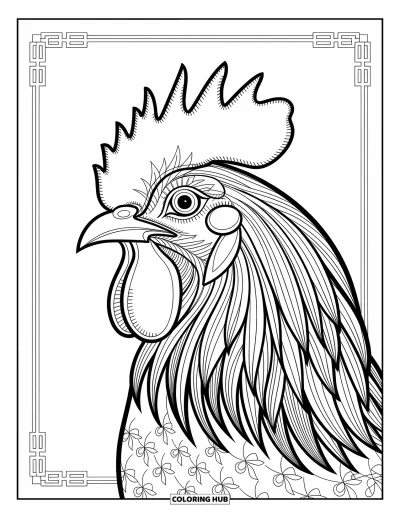 Coloriage d'animaux de la ferme pour adultes : La tête d'un coq avec des plumes superposées, des détails artistiques et des motifs tourbillonnants