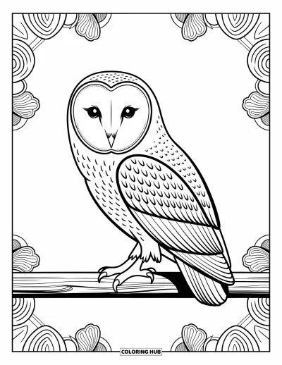 Coloriage d'animaux de la ferme pour adultes : Un hibou serein se repose sur une poutre en bois avec des motifs et des dessins de plumes complexes