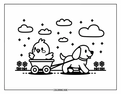Coloriage d'animaux de la ferme pour adultes : Un petit poussin est assis dans une charrette tirée par un chien, entouré de fleurs et de nuages ​​doux