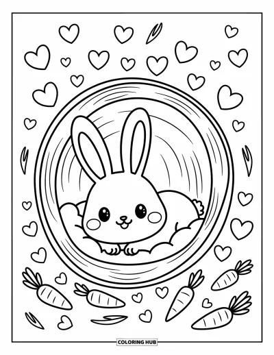 Coloriage d'animaux de la ferme pour adultes : Un petit lapin se recroqueville à l'intérieur d'un grand chapeau de ferme entouré de cœurs, de carottes et de radis