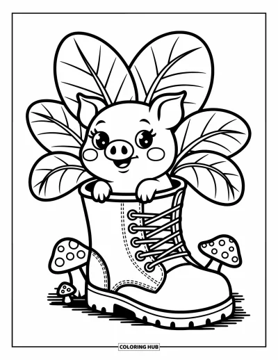 Coloriage d'animaux de la ferme pour adultes : Un doux porcelet jette un coup d'œil depuis une jardinière de bottes avec des feuilles fantaisistes et de minuscules champignons