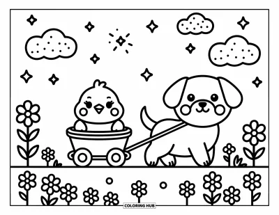 Coloriage d'animaux de la ferme pour adultes : Un minuscule poussin est assis dans une charrette tirée par un chien amical le long d'un chemin bordé de fleurs