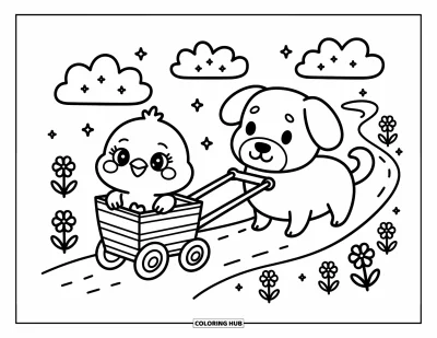 Coloriage d'animaux de la ferme pour adultes : Un minuscule poussin est assis dans une charrette tirée par un chien amical le long d'un chemin bordé de fleurs