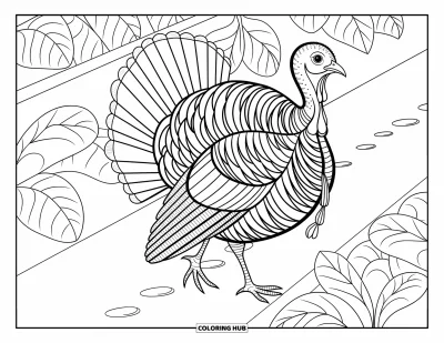 Coloriage d'animaux de la ferme pour adultes : Une dinde se promène dans un potager, entourée de feuilles et de motifs artistiques