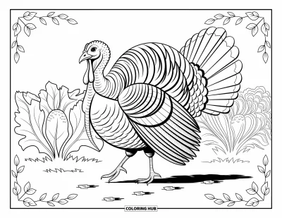 Coloriage d'animaux de la ferme pour adultes : Une dinde avec des plumes détaillées se promène dans un potager avec des empreintes de pas visibles