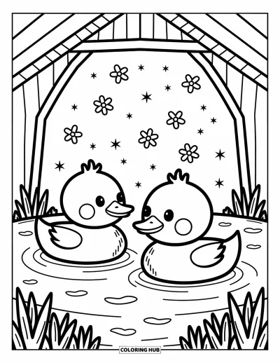 Coloriage d'animaux de la ferme pour adultes : D'adorables canards glissent sur des vagues douces avec des étoiles scintillantes et des pétales tourbillonnants