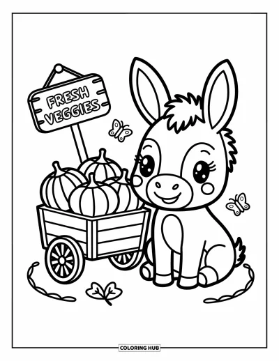 Coloriage d'animaux de la ferme pour adultes : Un âne adorable est assis à côté d'une charrette de légumes remplie de citrouilles et de choux