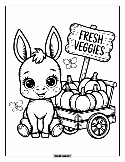 Coloriage d'animaux de la ferme pour adultes : Un âne adorable est assis à côté d'une charrette de légumes avec des citrouilles, des choux et un papillon flottant