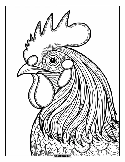 Coloriage d'animaux de la ferme pour adultes : La tête d'un coq élégant avec des motifs de plumes complexes et des motifs décoratifs