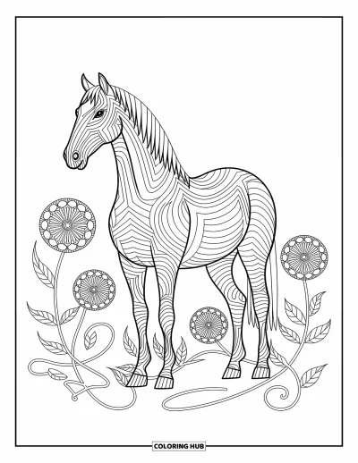 Coloriage d'animaux de la ferme pour adultes : Un cheval aux motifs complexes se tient dans un champ de fleurs sauvages avec des vignes bouclées