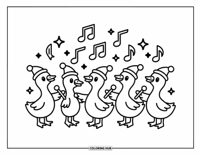 Coloriage d'animaux de la ferme pour adultes : Des oies joyeuses portant des chapeaux tiennent des notes de musique avec des étoiles scintillantes au-dessus d'elles