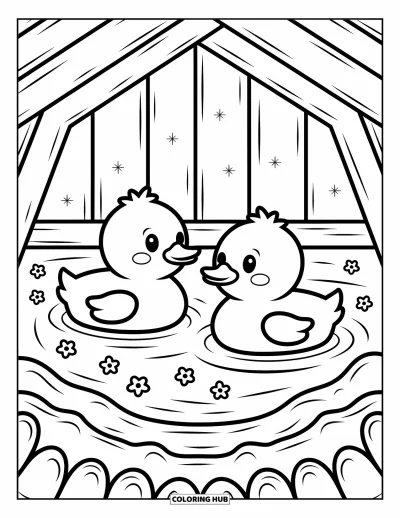 Coloriage d'animaux de la ferme pour adultes : Deux adorables canards dérivent sur un étang entouré d'étoiles et de doux pétales de fleurs