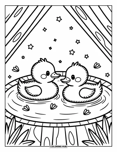 Coloriage d'animaux de la ferme pour adultes : Deux jolis canards flottent dans un petit étang avec des étoiles scintillantes et des pétales de fleurs flottants