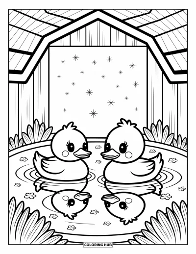 Coloriage d'animaux de la ferme pour adultes : Deux jolis canards flottent sur un petit étang avec des étoiles et des pétales de fleurs flottants