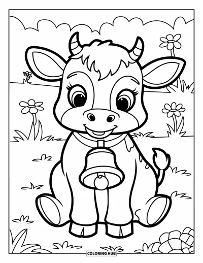 Coloriage d'animaux de la ferme pour enfants : Un veau avec une cloche et un collier est assis joyeusement dans un champ avec des fleurs