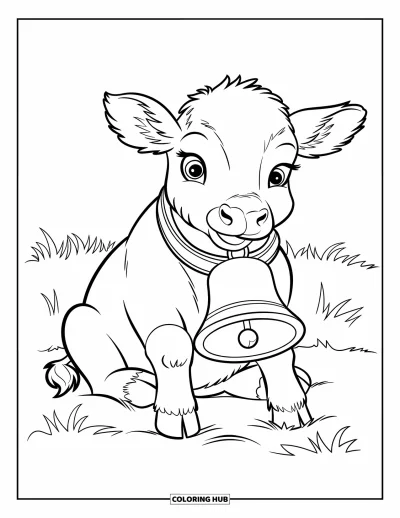 Coloriage d'animaux de la ferme pour enfants : Un veau avec une cloche est assis sur un sol mou dans un champ herbeux