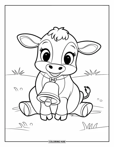 Coloriage d'animaux de la ferme pour enfants : Un veau joyeux avec des yeux brillants est assis sur l'herbe avec des touffes autour