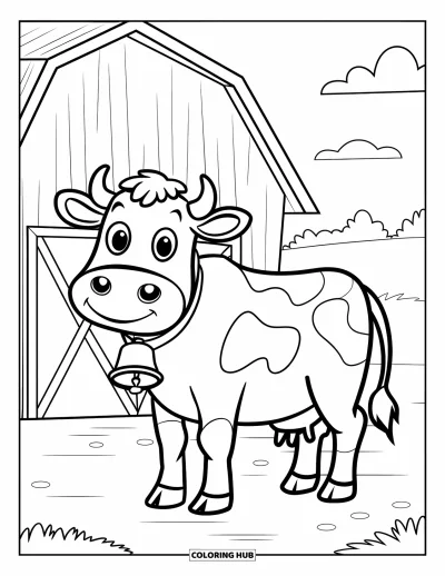 Coloriage d'animaux de la ferme pour enfants : Une vache joyeuse avec une cloche se tient près d'une grange et d'un chemin de terre