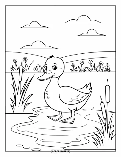 Coloriage d'animaux de la ferme pour enfants : Un canard joyeux se dandine près de l'eau calme d'un étang avec des fleurs et des nuages moelleux