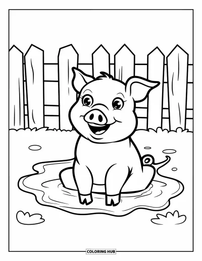 Coloriage d'animaux de la ferme pour enfants : Un cochon souriant aux grands yeux est assis dans l'eau boueuse près d'une clôture basse