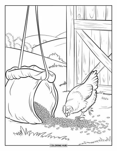 Coloriage d'animaux de la ferme pour enfants : Une poule se nourrit de grains près d'un sac près d'une grange ouverte avec des collines et des arbres