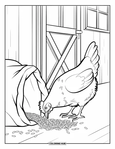 Coloriage d'animaux de la ferme pour enfants : Une poule se nourrit de grains éparpillés à côté d'un sac près de la grange avec des fenêtres