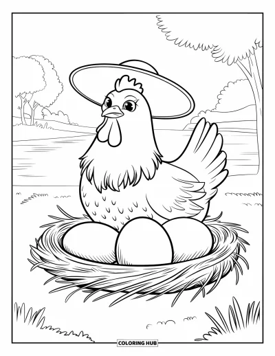 Coloriage d'animaux de la ferme pour enfants : Une poule avec un chapeau se repose sur un nid près de l'eau et des arbres