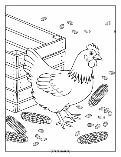 Coloriage d'animaux de la ferme pour enfants : Une poule regarde vers la droite, entourée de grains de maïs près d'une caisse en bois