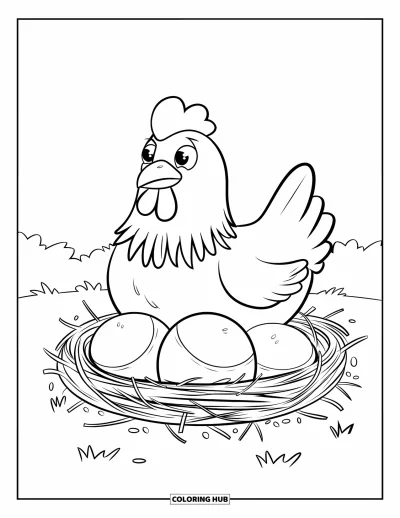 Coloriage d'animaux de la ferme pour enfants : Une poule est assise sur un nid avec trois gros œufs en dessous