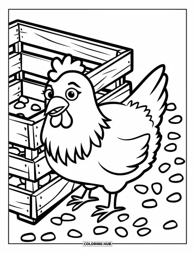 Coloriage d'animaux de la ferme pour enfants : Une poule se tient près d'une caisse en bois avec du maïs éparpillé autour