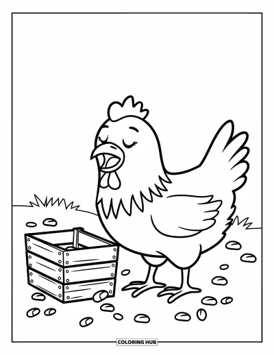 Coloriage d'animaux de la ferme pour enfants : Une poule aux yeux fermés se tient près d'une caisse avec du maïs sur le sol