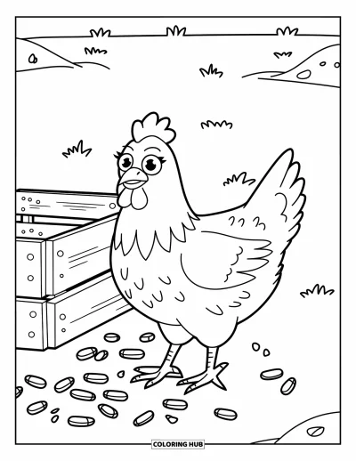 Coloriage d'animaux de la ferme pour enfants : Une poule avec des plumes hérissées se tient près d'une caisse et de maïs éparpillé