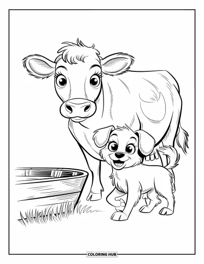 Coloriage d'animaux de la ferme pour enfants : Une vache et un chien à la queue touffue se tiennent près d'un abreuvoir, tous deux les yeux grands ouverts