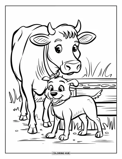 Coloriage d'animaux de la ferme pour enfants : Une vache et un chien enjoué se tiennent ensemble près d'un abreuvoir en bois