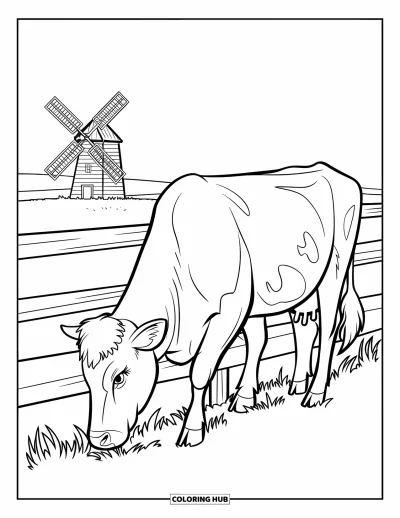 Coloriage d'animaux de la ferme pour enfants : Une vache broute à côté d'une clôture en bois avec un moulin à vent qui tourne au loin